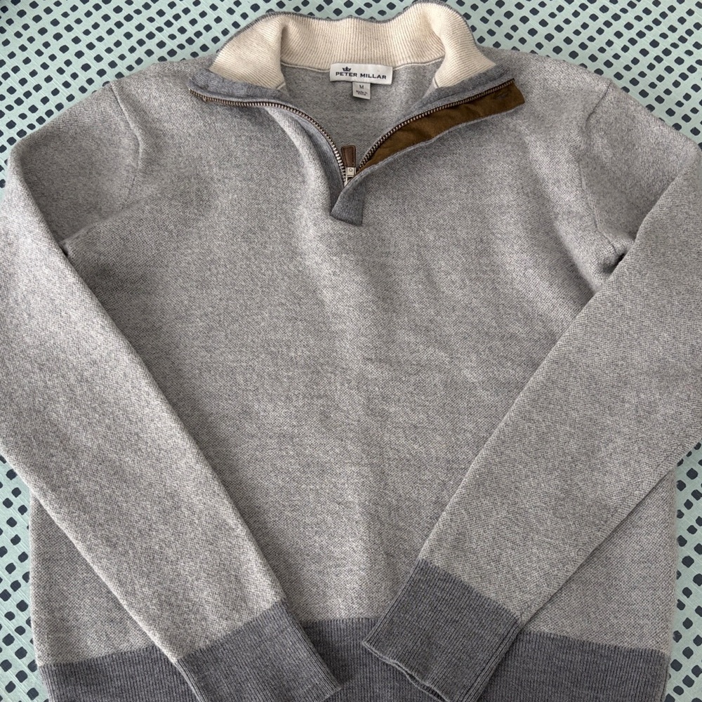 Peter Millar Gray and Cream Zip-Up Sweater
